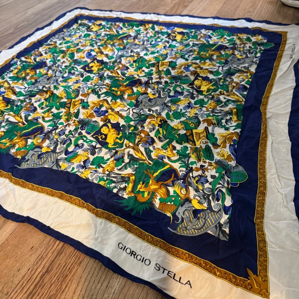Giorgio Stella‎ Silk Scarf Navy Blue Cream Gold Heraldic Lion Crest Square 31x31